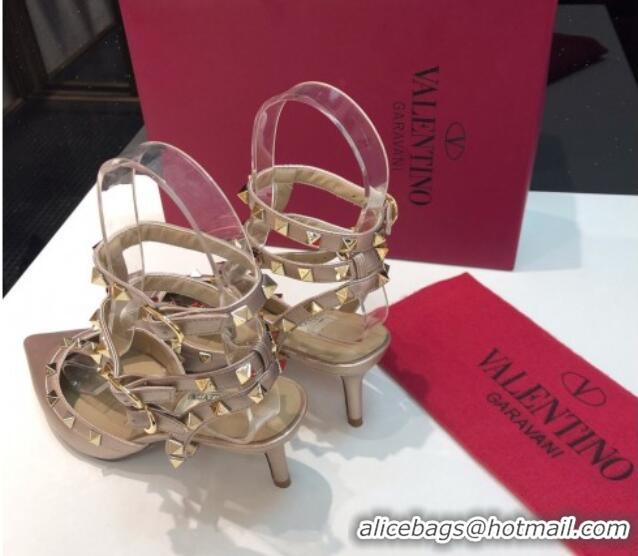 Good Quality Valentino Rockstud Metallic Lambskin Medium Heel Pumps 6.5cm with Three Straps Pink 403040