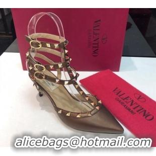 Sophisticated Valentino Rockstud Metallic Lambskin Medium Heel Pumps 6.5cm with Three Straps Bronze Gold 403041