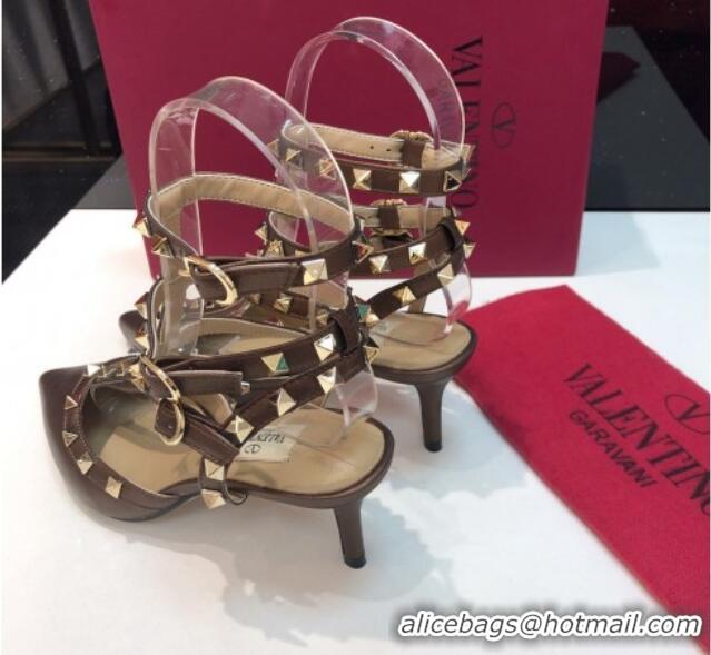 Sophisticated Valentino Rockstud Metallic Lambskin Medium Heel Pumps 6.5cm with Three Straps Bronze Gold 403041