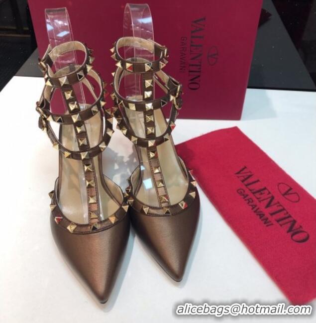 Sophisticated Valentino Rockstud Metallic Lambskin Medium Heel Pumps 6.5cm with Three Straps Bronze Gold 403041