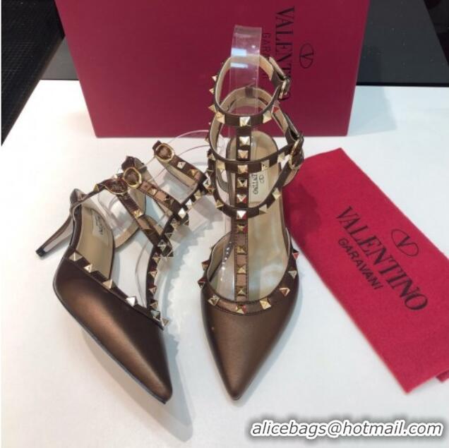 Sophisticated Valentino Rockstud Metallic Lambskin Medium Heel Pumps 6.5cm with Three Straps Bronze Gold 403041