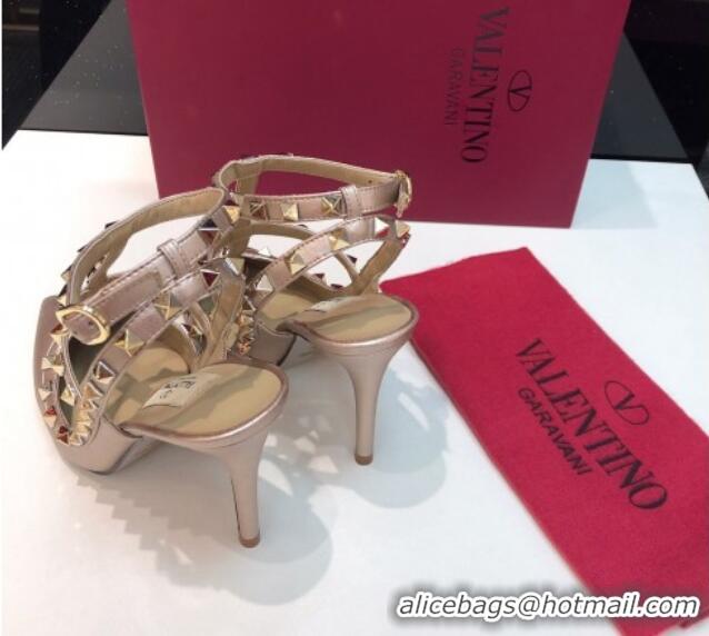 Good Product Valentino Rockstud Metallic Lambskin High Heel Pumps 9.5cm with Double Straps Pink 403042