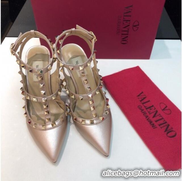 Good Product Valentino Rockstud Metallic Lambskin High Heel Pumps 9.5cm with Double Straps Pink 403042