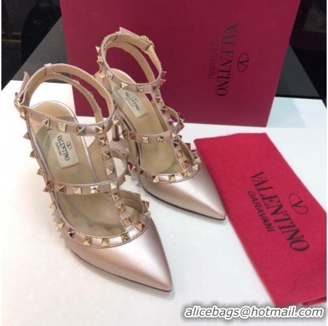 Good Product Valentino Rockstud Metallic Lambskin High Heel Pumps 9.5cm with Double Straps Pink 403042