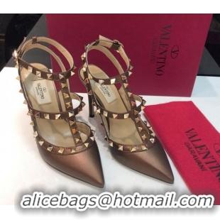 Cheap Price Valentino Rockstud Metallic Lambskin High Heel Pumps 9.5cm with Double Straps Bronze Gold 403043