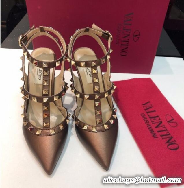 Cheap Price Valentino Rockstud Metallic Lambskin High Heel Pumps 9.5cm with Double Straps Bronze Gold 403043