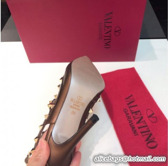 Cheap Price Valentino Rockstud Metallic Lambskin High Heel Pumps 9.5cm with Double Straps Bronze Gold 403043