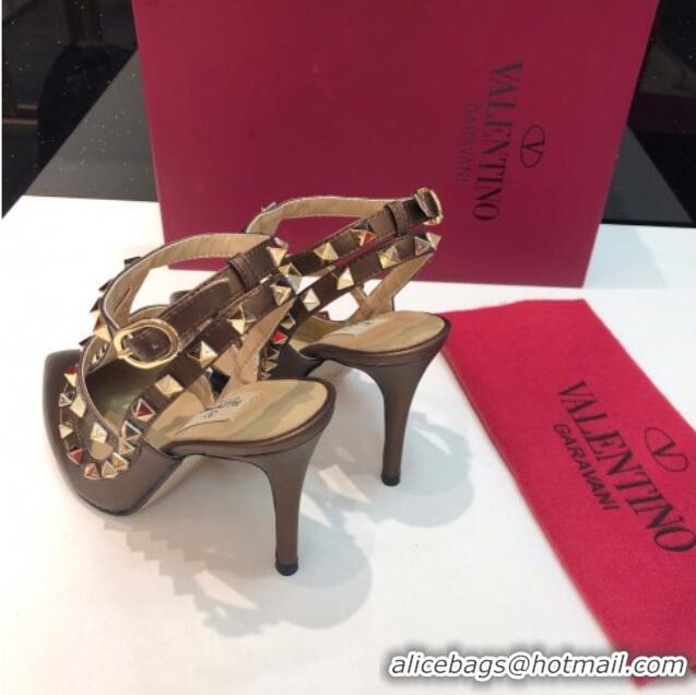 Cheap Price Valentino Rockstud Metallic Lambskin High Heel Pumps 9.5cm with Double Straps Bronze Gold 403043