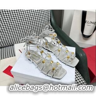 Charming Valentino Rockstud Net Calfskin Flat Sandals Silver 403045