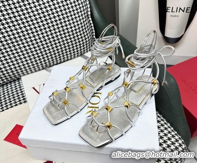 Charming Valentino Rockstud Net Calfskin Flat Sandals Silver 403045