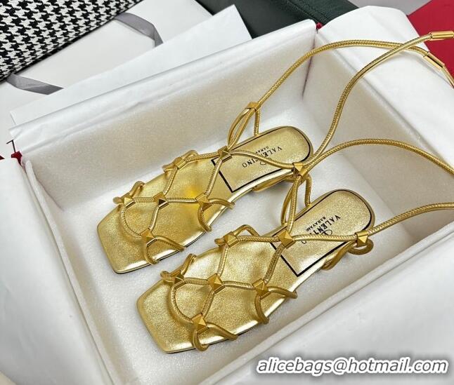 Popular Style Valentino Rockstud Net Calfskin Flat Sandals Gold 403046