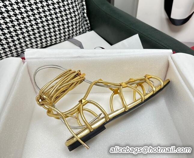 Popular Style Valentino Rockstud Net Calfskin Flat Sandals Gold 403046