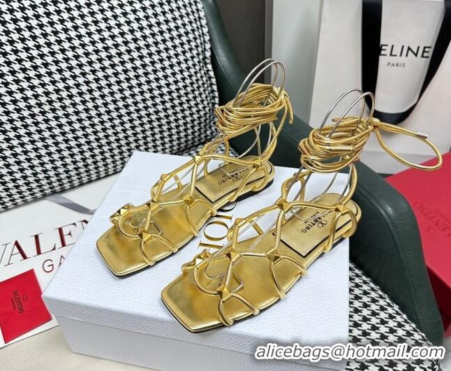 Popular Style Valentino Rockstud Net Calfskin Flat Sandals Gold 403046