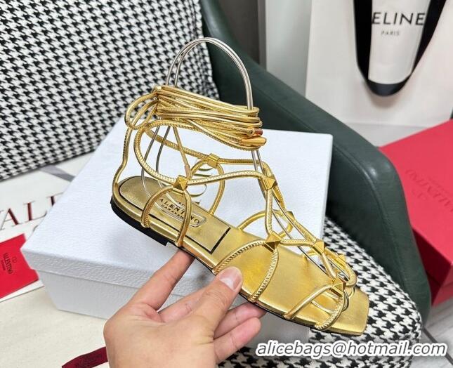 Popular Style Valentino Rockstud Net Calfskin Flat Sandals Gold 403046