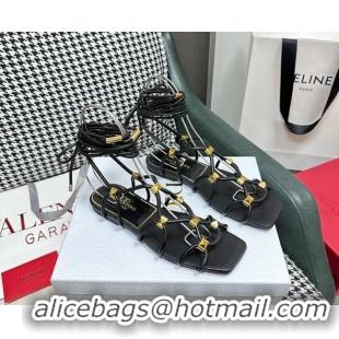 Discount Valentino Rockstud Net Calfskin Flat Sandals Black 403047