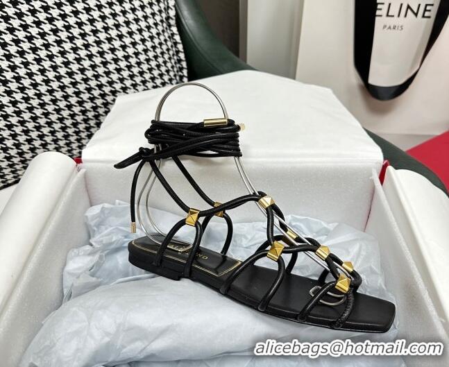 Discount Valentino Rockstud Net Calfskin Flat Sandals Black 403047