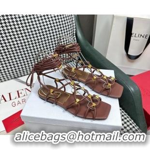 Sumptuous Valentino Rockstud Net Calfskin Flat Sandals Brown 403048