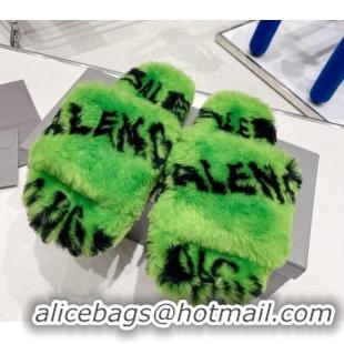 Low Cost Balenciaga Signature Wool Flat Slide Sandals Green 2112641