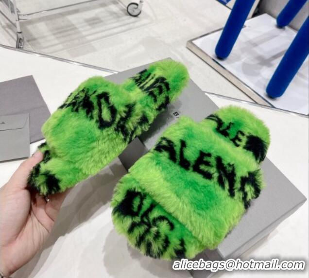 Low Cost Balenciaga Signature Wool Flat Slide Sandals Green 2112641