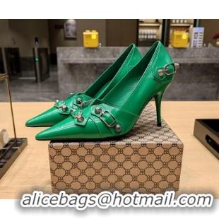 Grade Balenciaga Cagole 9cm Pumps in Oil Leather with Stud Buckle Green/Aged Silver 2113049