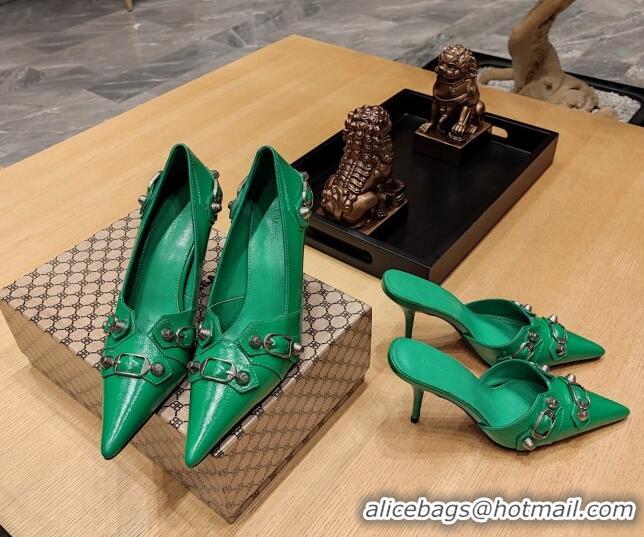 Grade Balenciaga Cagole 9cm Pumps in Oil Leather with Stud Buckle Green/Aged Silver 2113049