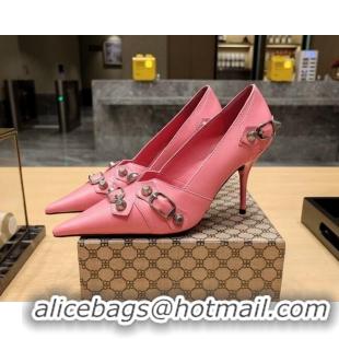 Good Quality Balenciaga Cagole 9cm Pumps in Oil Leather with Stud Buckle Pink/Aged Silver 2113051