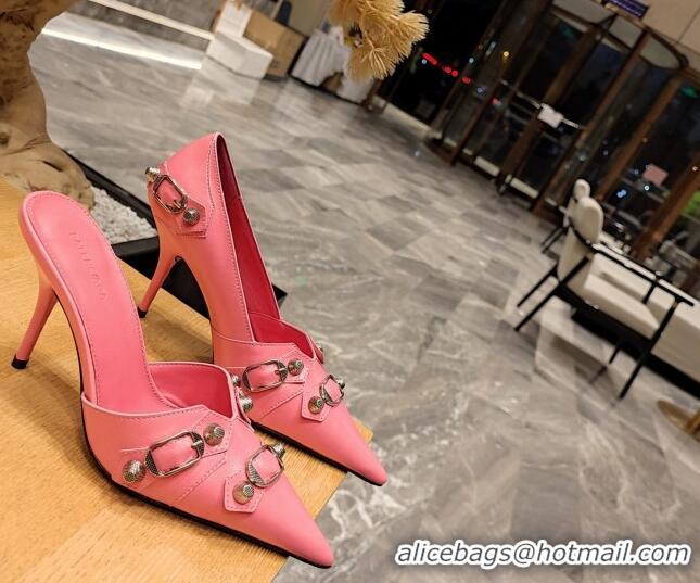 Good Quality Balenciaga Cagole 9cm Pumps in Oil Leather with Stud Buckle Pink/Aged Silver 2113051