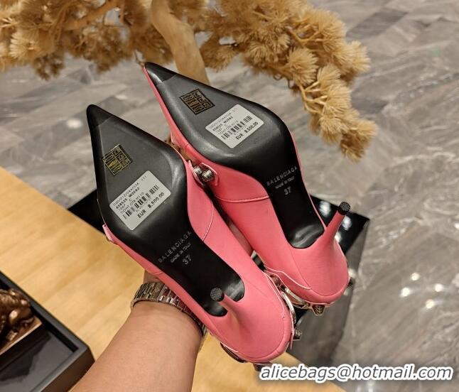 Good Quality Balenciaga Cagole 9cm Pumps in Oil Leather with Stud Buckle Pink/Aged Silver 2113051