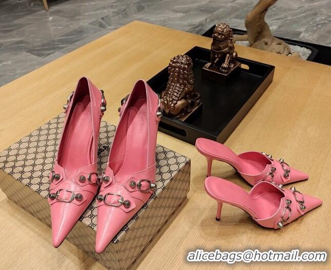 Good Quality Balenciaga Cagole 9cm Pumps in Oil Leather with Stud Buckle Pink/Aged Silver 2113051