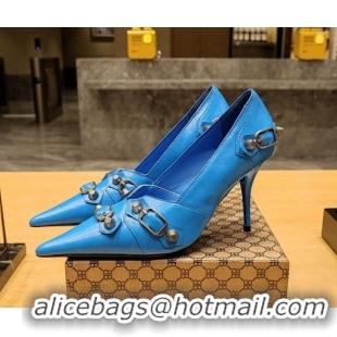 Trendy Design Balenciaga Cagole 9cm Pumps in Oil Leather with Stud Buckle Blue/Aged Silver 113053