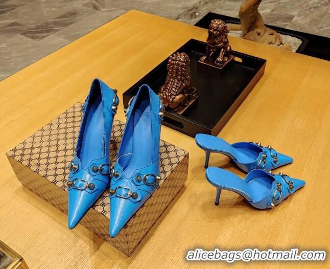 Trendy Design Balenciaga Cagole 9cm Pumps in Oil Leather with Stud Buckle Blue/Aged Silver 113053