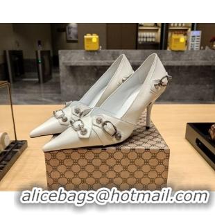 Low Cost Balenciaga Cagole 9cm Pumps in Oil Leather with Stud Buckle White/Aged Silver 2113055