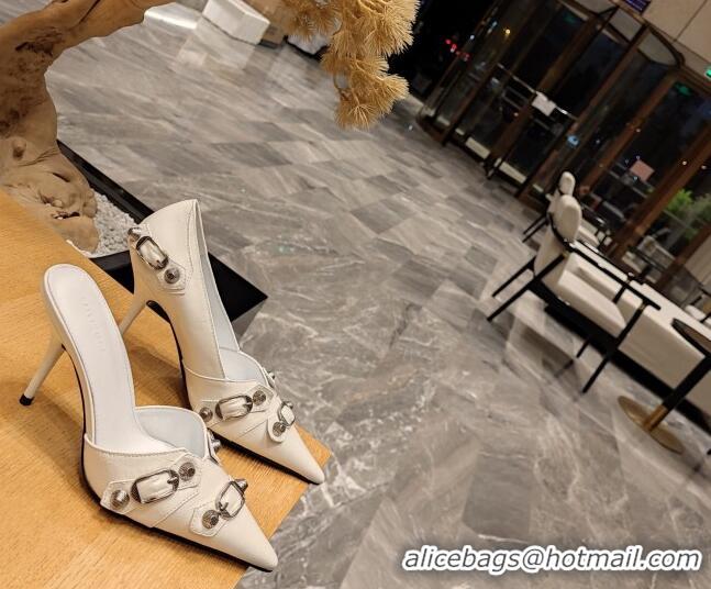 Low Cost Balenciaga Cagole 9cm Pumps in Oil Leather with Stud Buckle White/Aged Silver 2113055