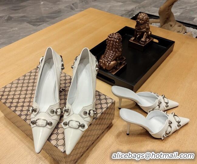 Low Cost Balenciaga Cagole 9cm Pumps in Oil Leather with Stud Buckle White/Aged Silver 2113055