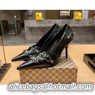 Good Quality Balenciaga Cagole 9cm Pumps in Oil Leather with Stud Buckle Black/Aged Silver 113057