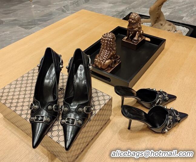 Good Quality Balenciaga Cagole 9cm Pumps in Oil Leather with Stud Buckle Black/Aged Silver 113057