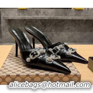 Pretty Style Balenciaga Cagole 9cm Mules in Oil Leather with Stud Buckle Black/Crystal 2113048