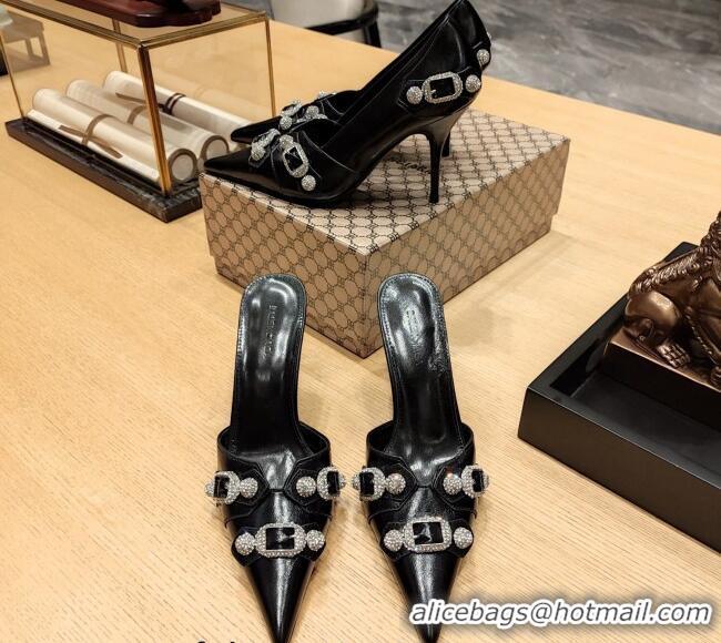 Pretty Style Balenciaga Cagole 9cm Mules in Oil Leather with Stud Buckle Black/Crystal 2113048