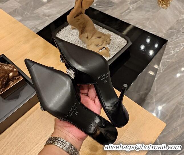 Pretty Style Balenciaga Cagole 9cm Mules in Oil Leather with Stud Buckle Black/Crystal 2113048