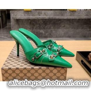 Charming Balenciaga Cagole 9cm Mules in Oil Leather with Stud Buckle Green/Aged Silver 2113050