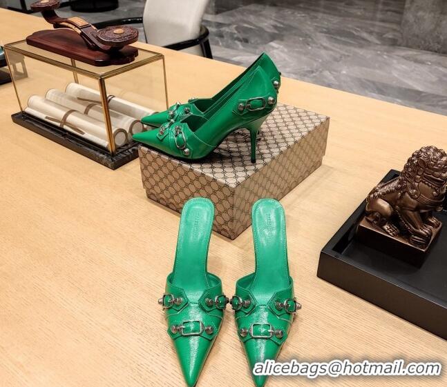 Charming Balenciaga Cagole 9cm Mules in Oil Leather with Stud Buckle Green/Aged Silver 2113050