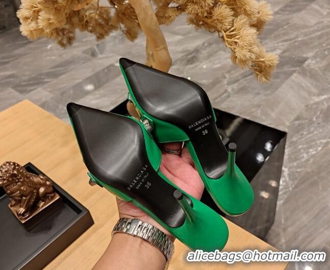 Charming Balenciaga Cagole 9cm Mules in Oil Leather with Stud Buckle Green/Aged Silver 2113050