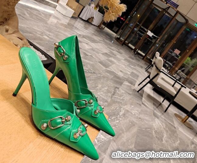 Charming Balenciaga Cagole 9cm Mules in Oil Leather with Stud Buckle Green/Aged Silver 2113050