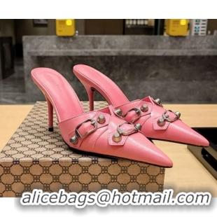 Grade Quality Balenciaga Cagole 9cm Mules in Oil Leather with Stud Buckle Pink/Aged Silver 113052