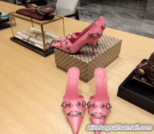 Grade Quality Balenciaga Cagole 9cm Mules in Oil Leather with Stud Buckle Pink/Aged Silver 113052