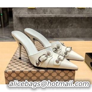 Best Grade Balenciaga Cagole 9cm Mules in Oil Leather with Stud Buckle White/Aged Silver 113056