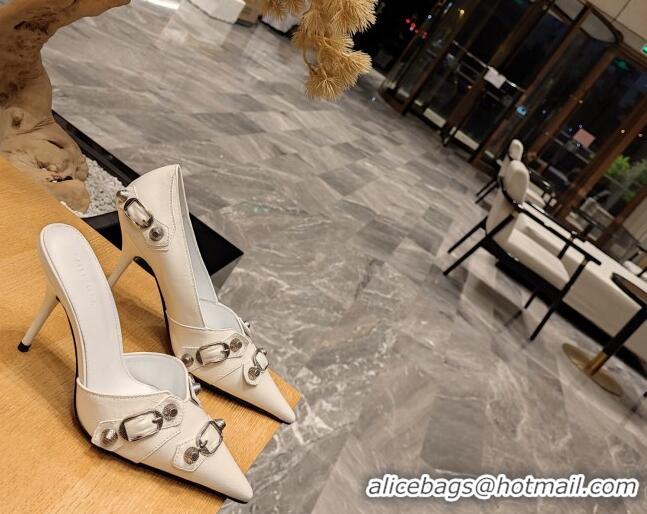 Best Grade Balenciaga Cagole 9cm Mules in Oil Leather with Stud Buckle White/Aged Silver 113056