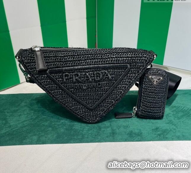 Famous Brand Prada Raffia Triangle Shoulder Bag 1BH190 Black
