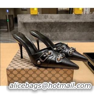 Good Looking Balenciaga Cagole 9cm Mules in Oil Leather with Stud Buckle Black/Aged Silver 113058