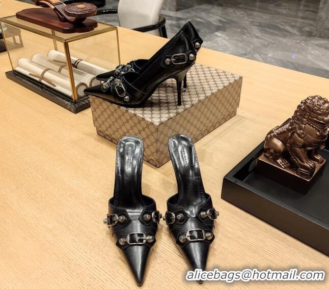 Good Looking Balenciaga Cagole 9cm Mules in Oil Leather with Stud Buckle Black/Aged Silver 113058